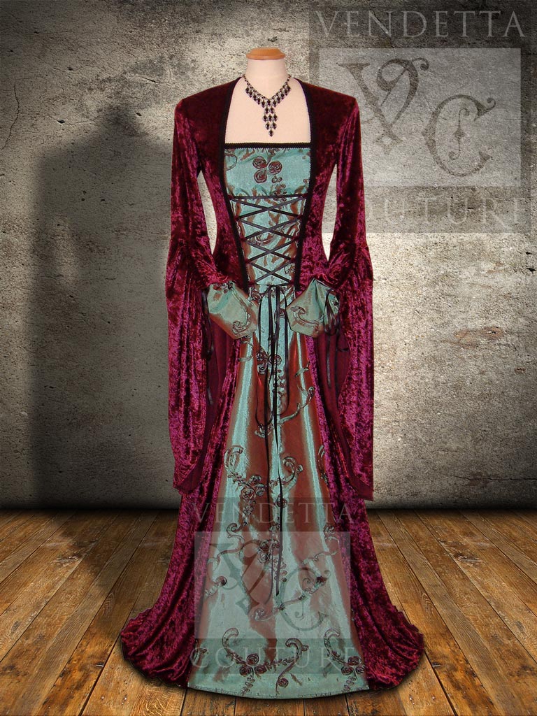 Medieval Inspired Dress Burgundy Jade Green