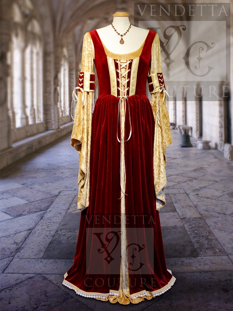 Traditional Medieval Dress Dark Red Gold