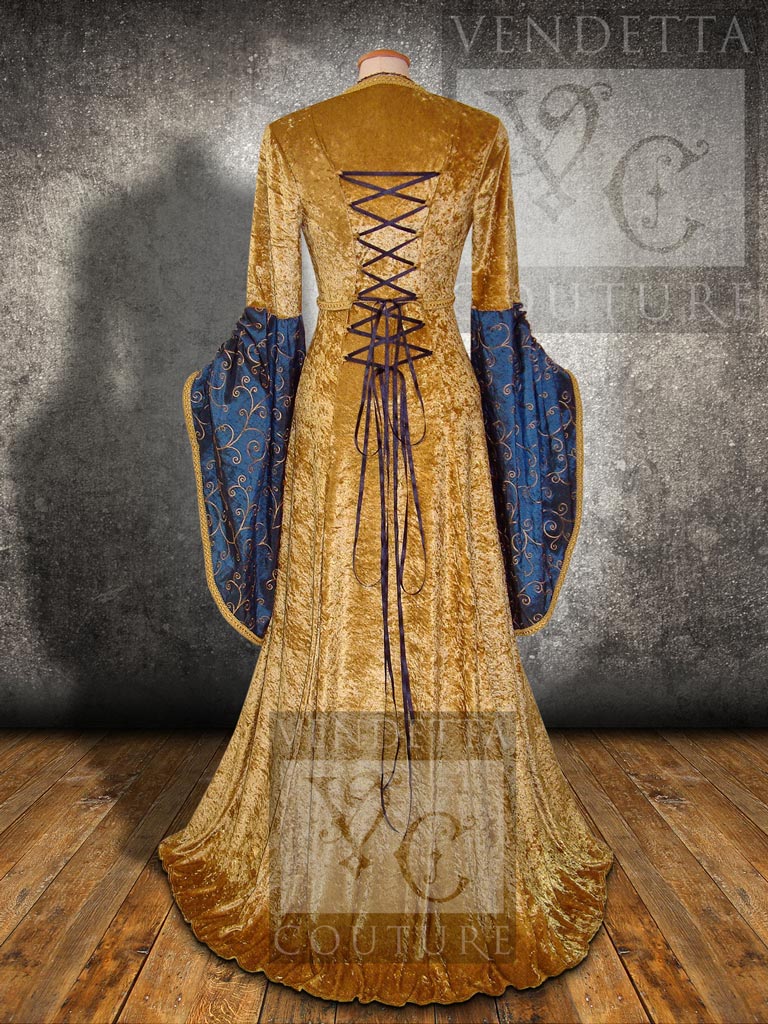 Sleeveless Medieval Dress Gold Dark Blue
